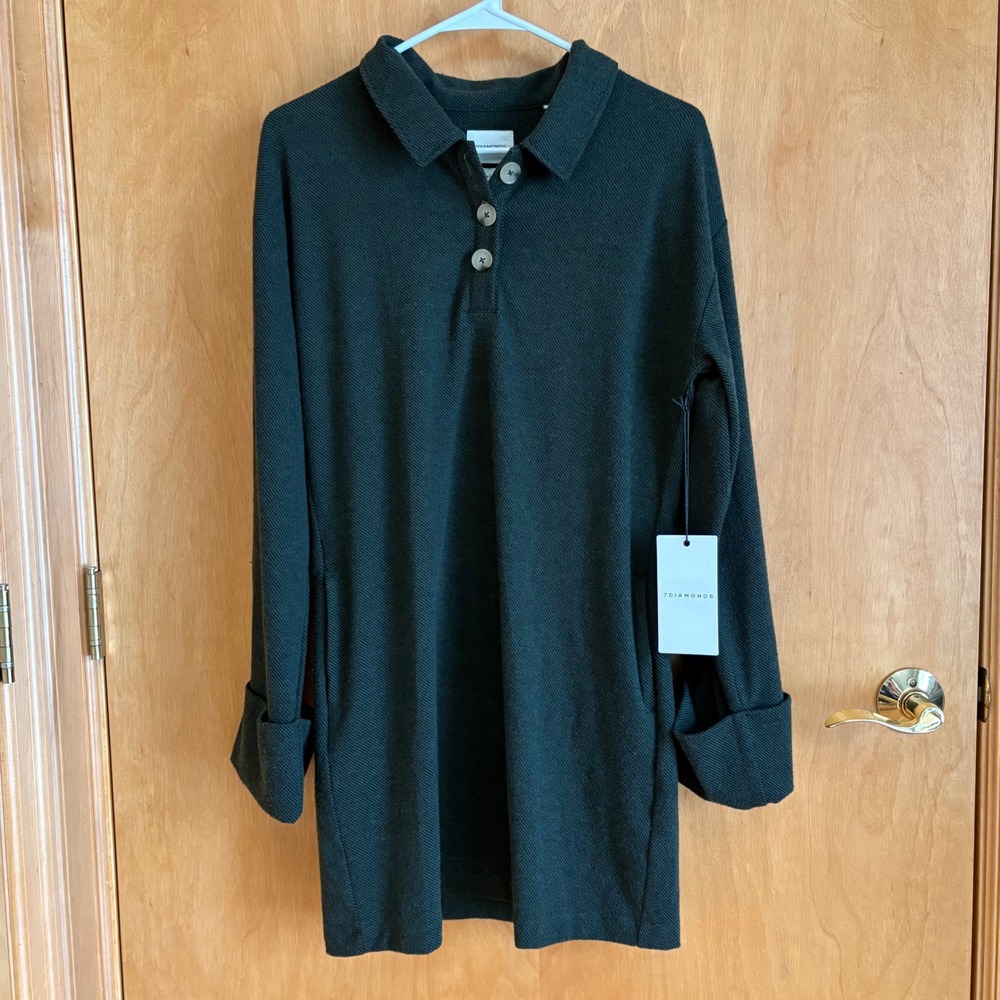 7Diamonds Generation Long Sleeve Polo Dress Dark green Khaki XS WGD-8000‎ New